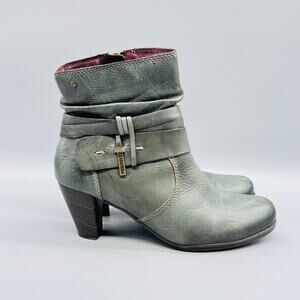 Pikolinos Boots Womens 8 Green Leather Ankle Strap Booties Side Zip Block Heel